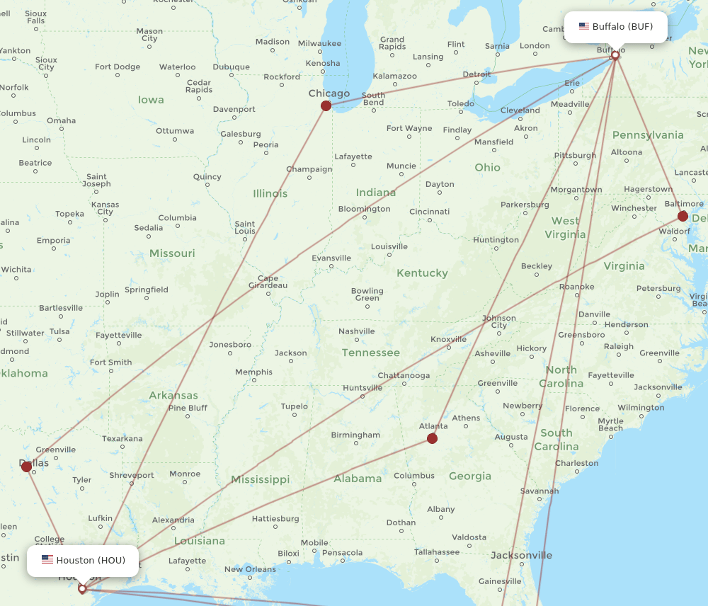 HOU to BUF flights and routes map