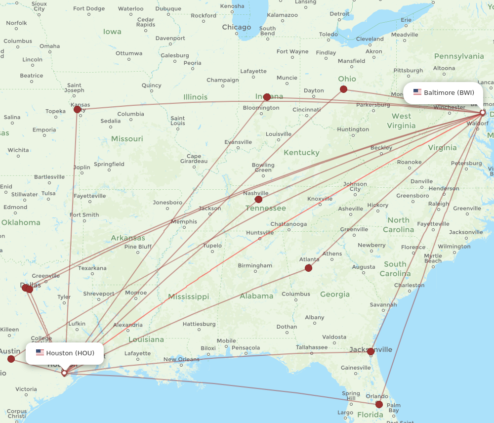 HOU to BWI flights and routes map