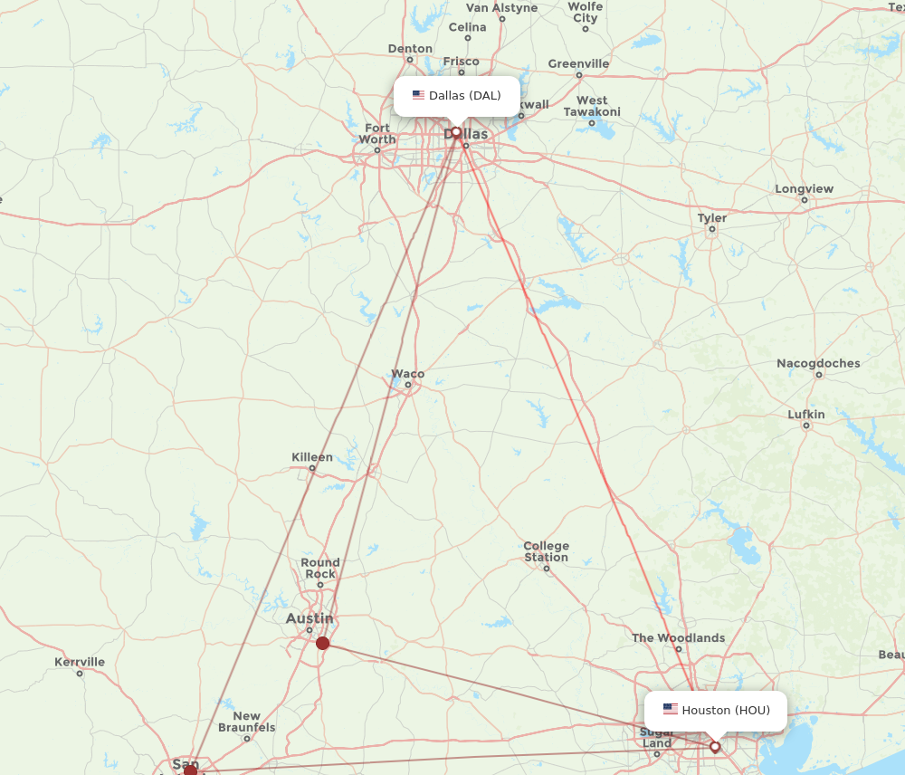 HOU to DAL flights and routes map