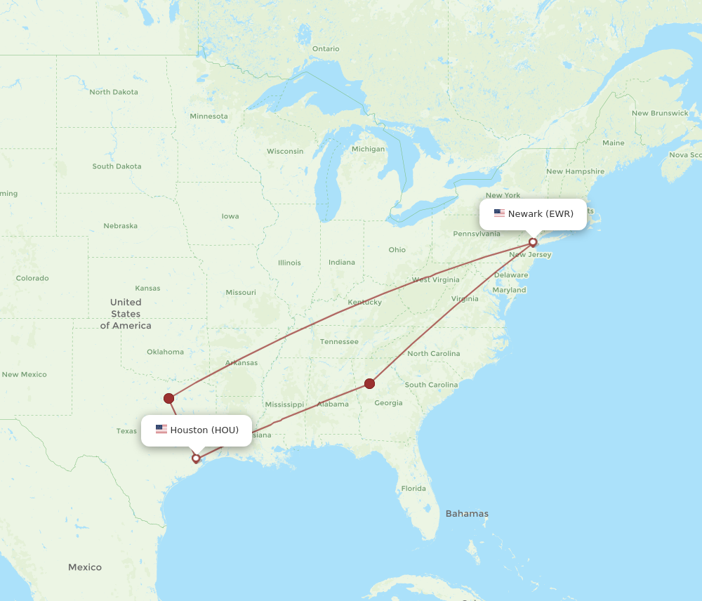 HOU to EWR flights and routes map