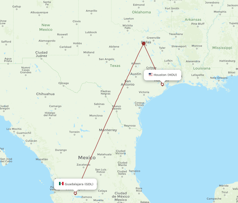 HOU-GDL flight routes