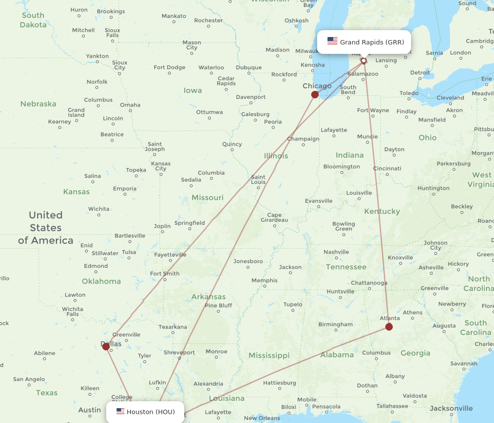 HOU to GRR flights and routes map
