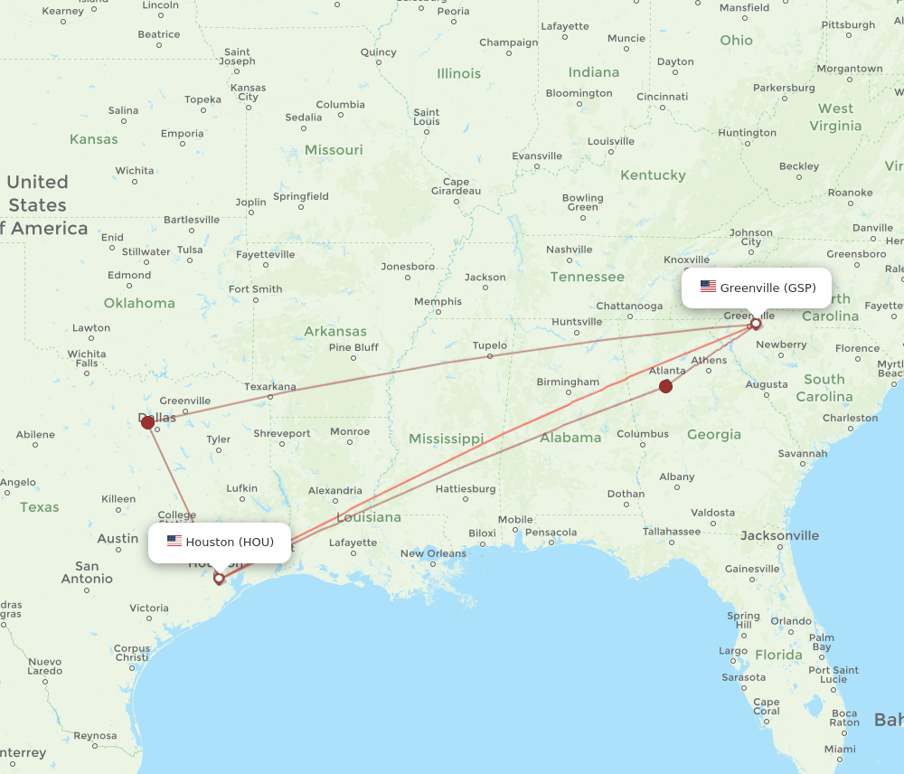 HOU-GSP flight routes