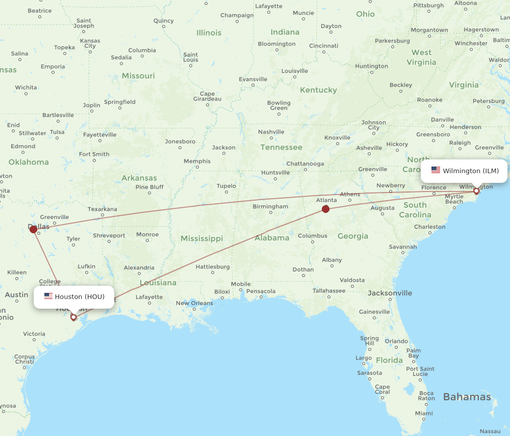 HOU-ILM flight routes