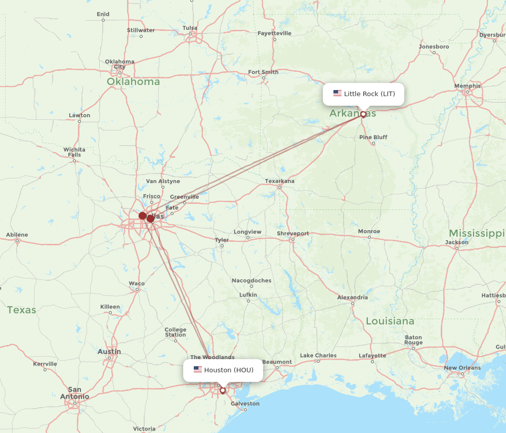 HOU to LIT flights and routes map