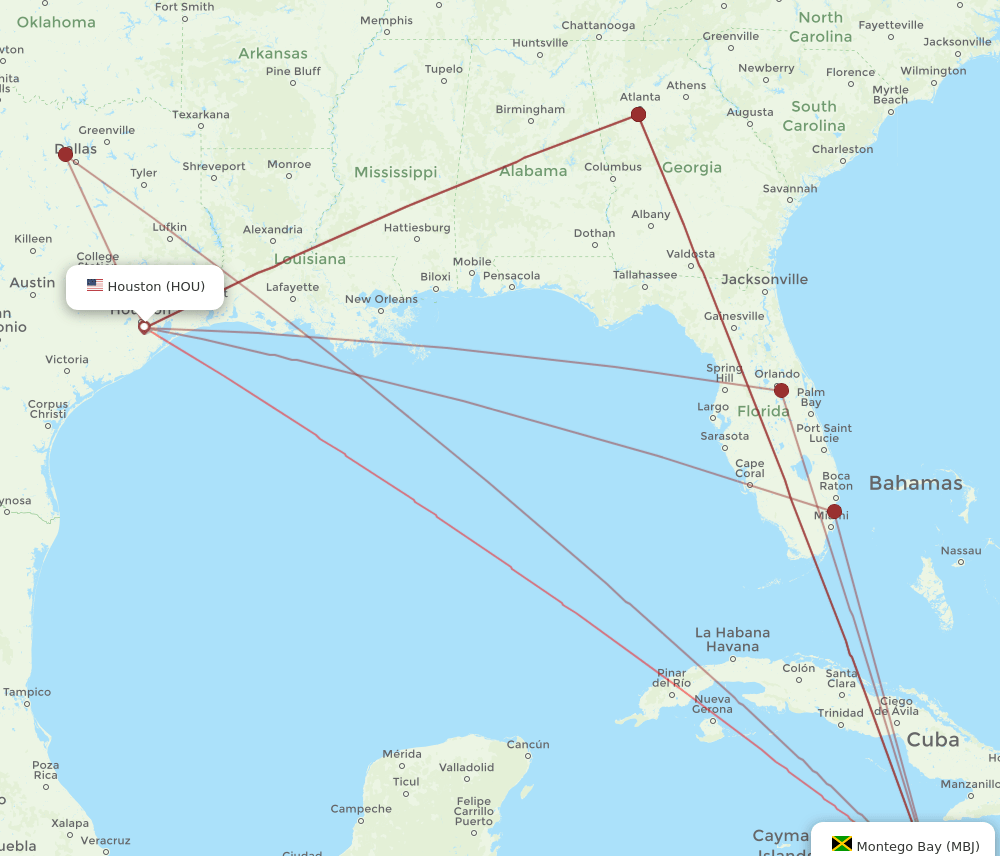HOU to MBJ flights and routes map