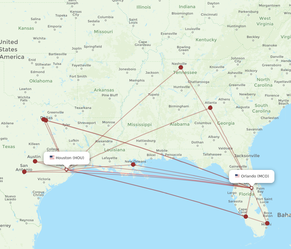 HOU to MCO flights and routes map