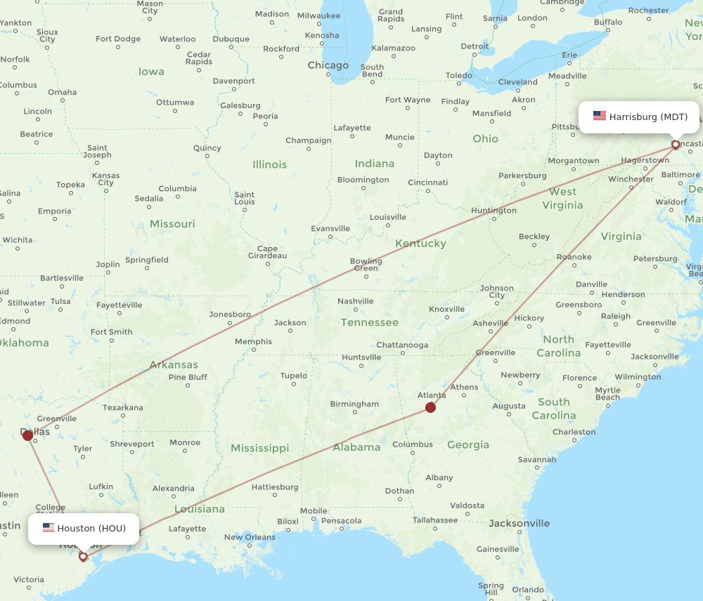 HOU to MDT flights and routes map