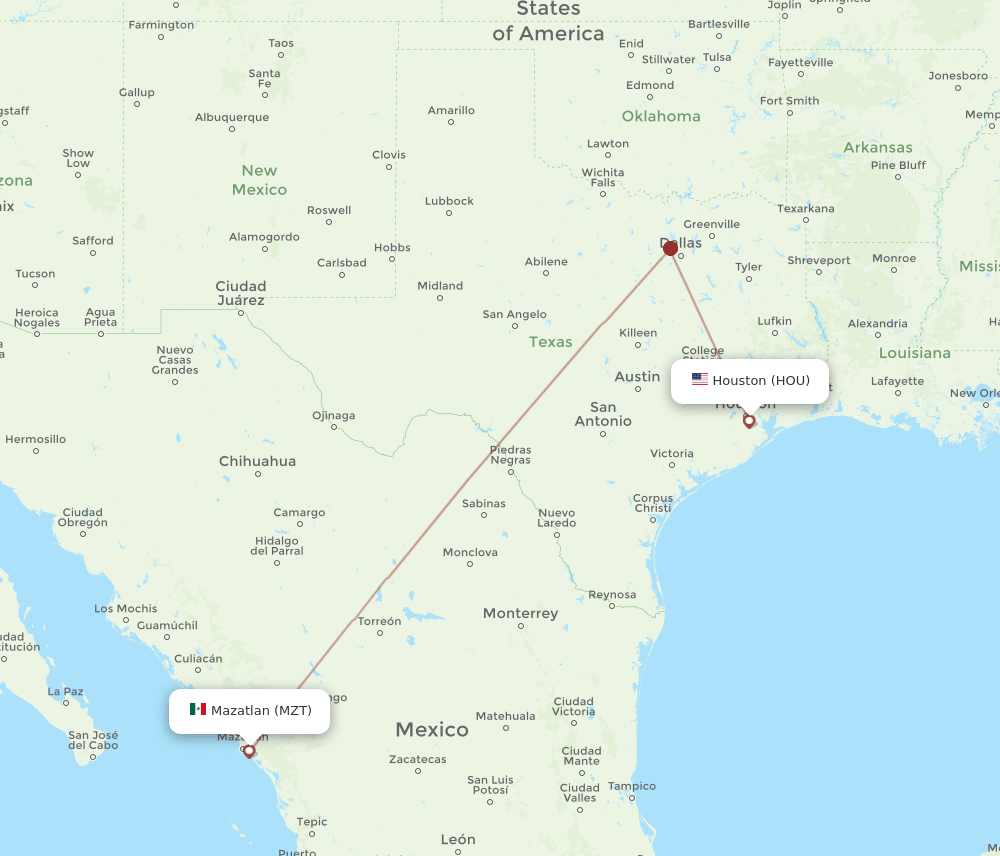 HOU to MZT flights and routes map