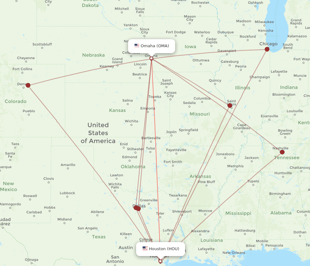 HOU to OMA flights and routes map