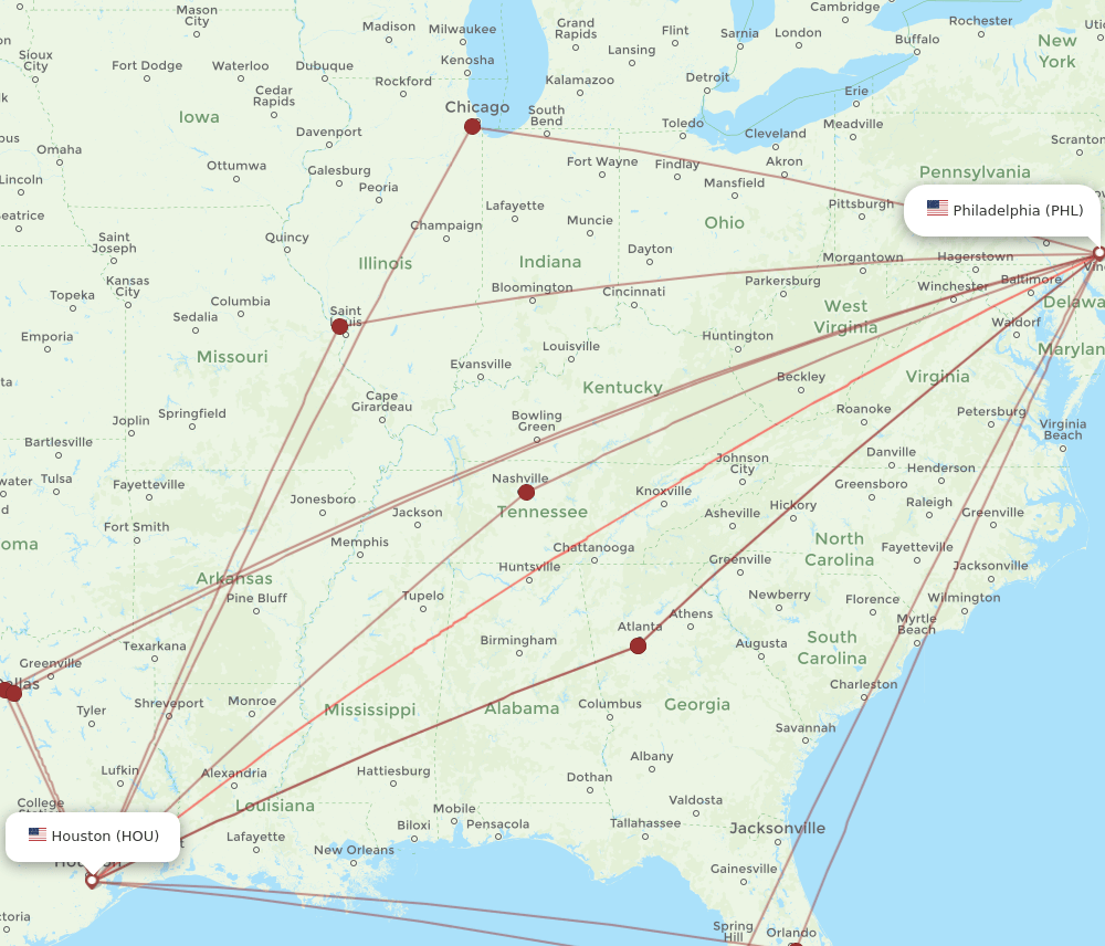 HOU to PHL flights and routes map