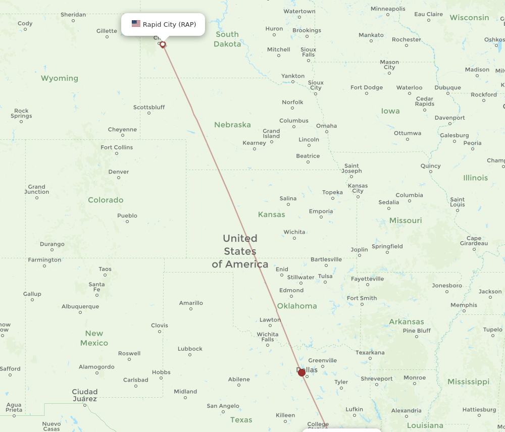 HOU to RAP flights and routes map