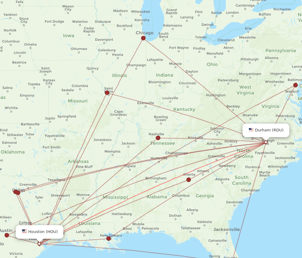 HOU-RDU flight routes