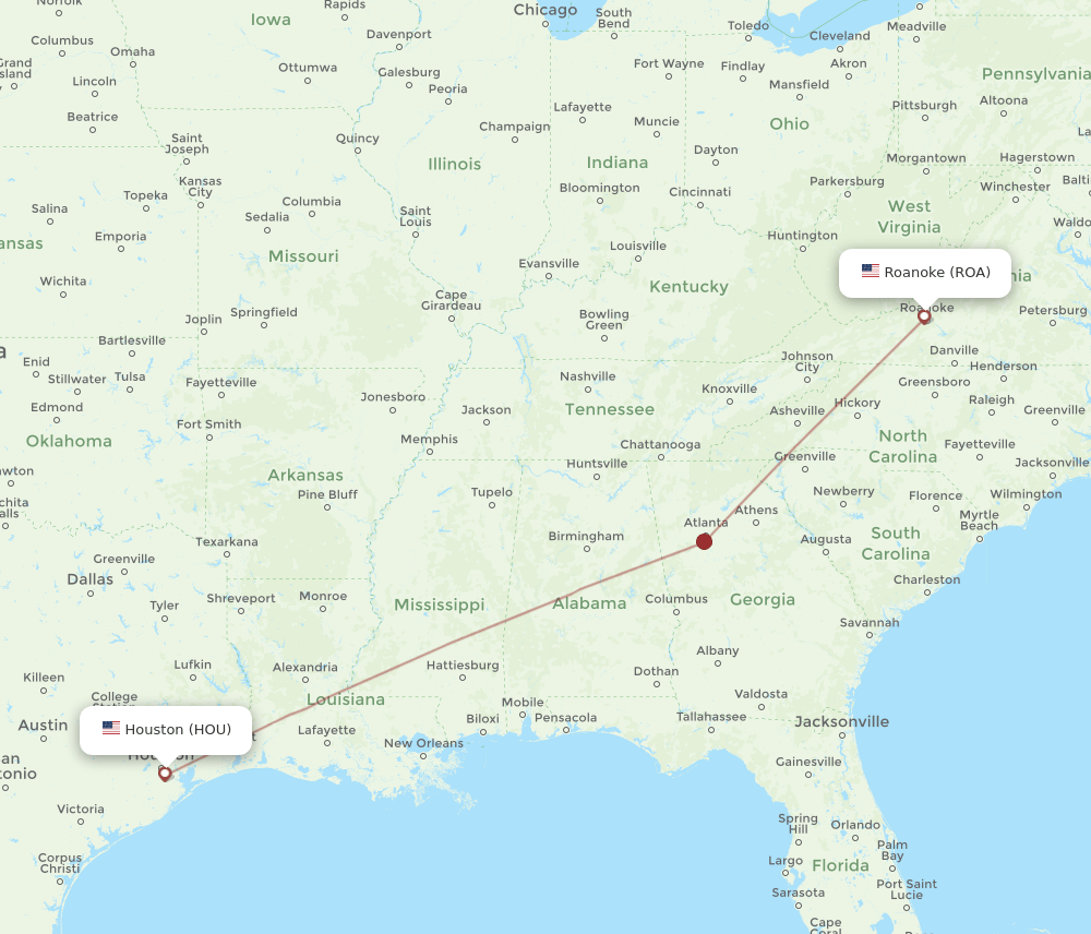 HOU to ROA flights and routes map
