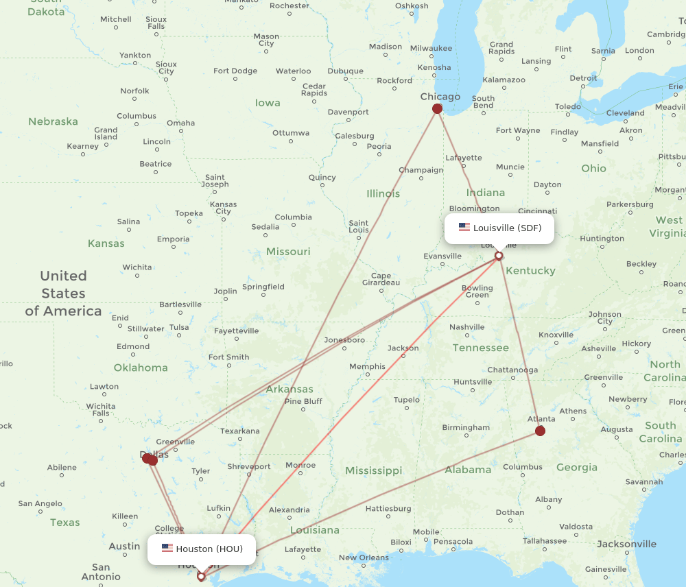 HOU to SDF flights and routes map