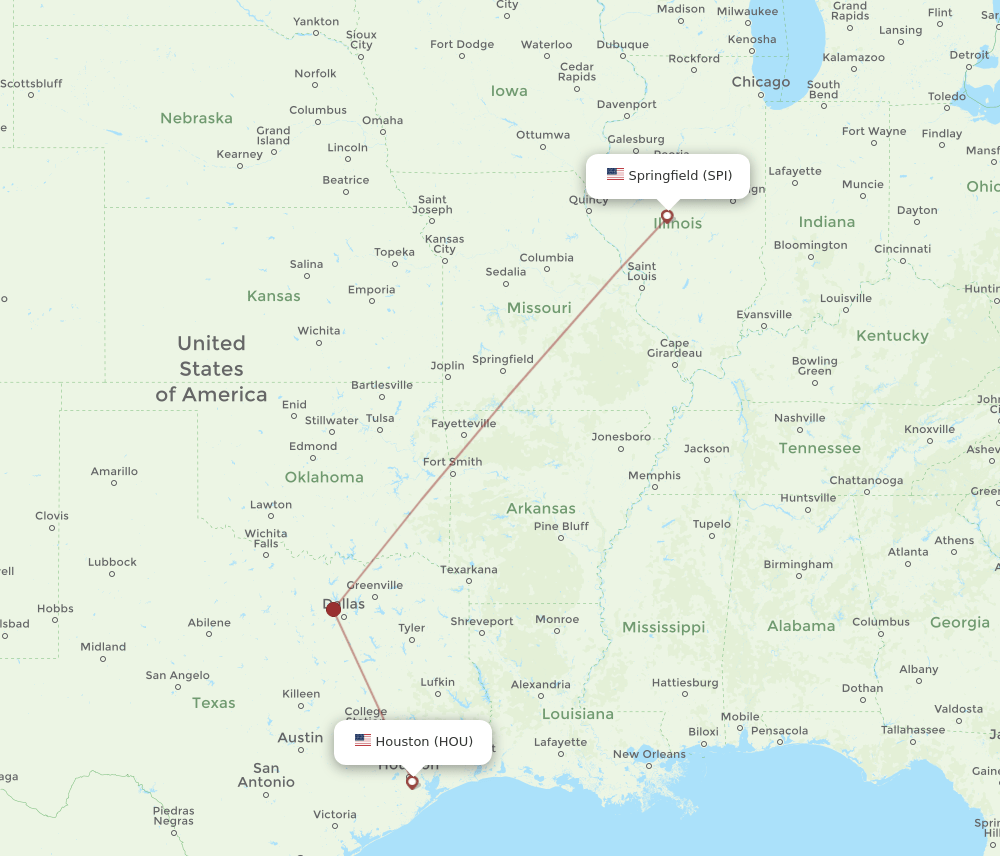 Houston - Springfield route map and flight paths