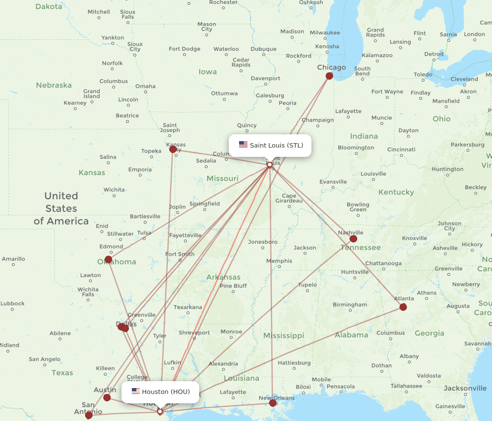 HOU to STL flights and routes map