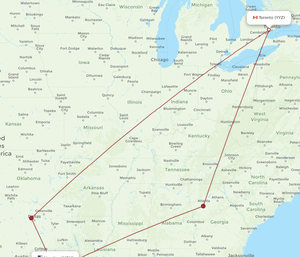 Toronto - Houston route map and flight paths
