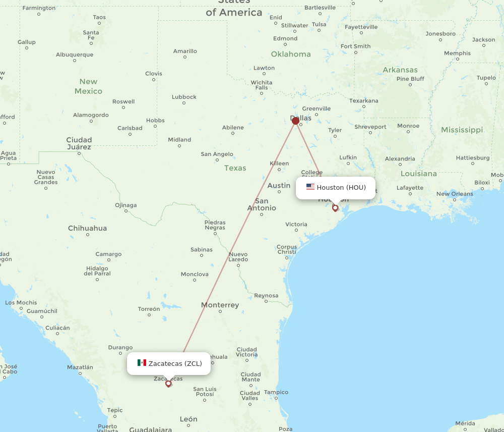 Zacatecas - Houston route map and flight paths