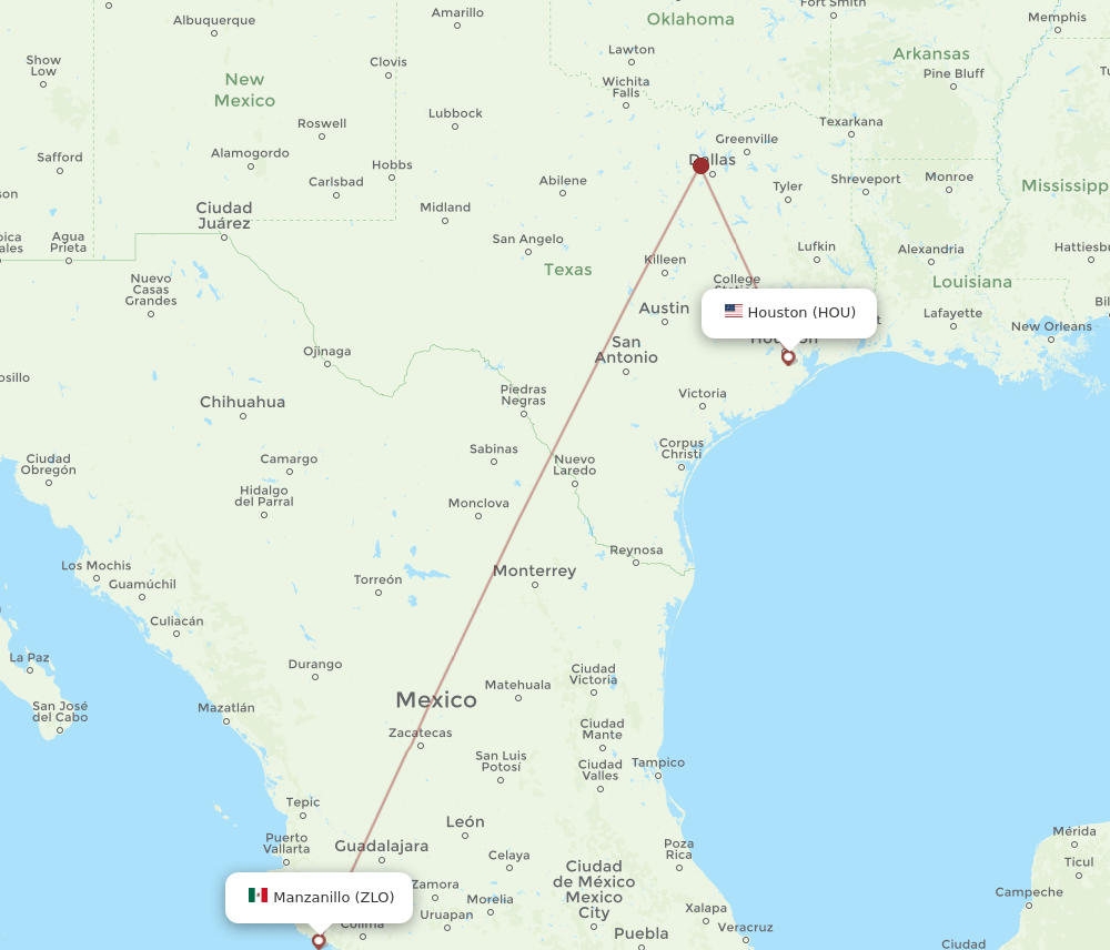 Manzanillo - Houston route map and flight paths