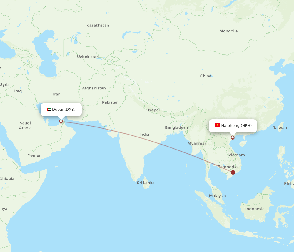 Dubai - Haiphong route map and flight paths