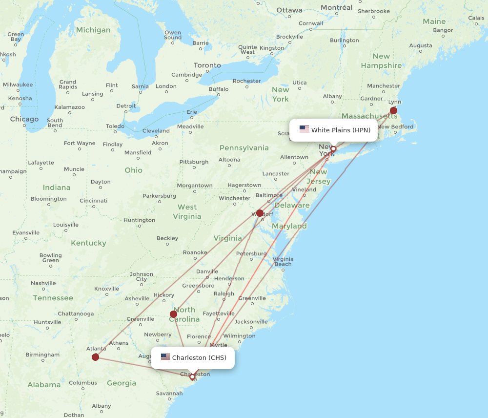 HPN to CHS flights and routes map