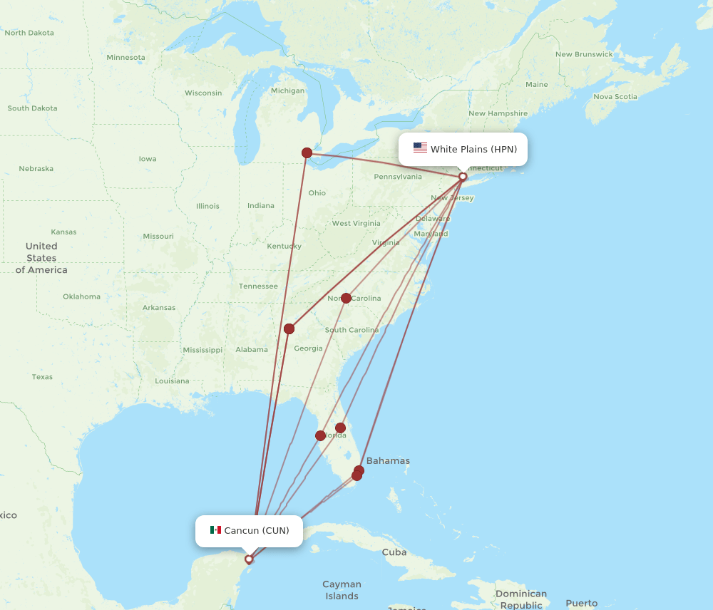 HPN-CUN flight routes