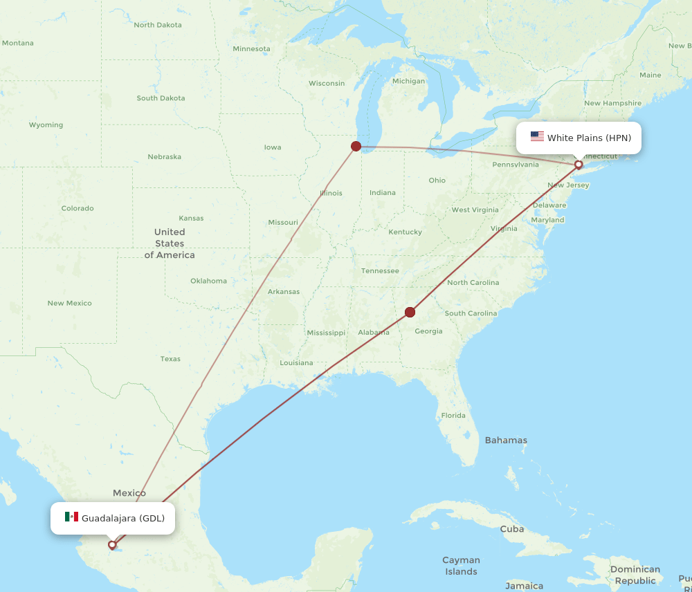 HPN-GDL flight routes