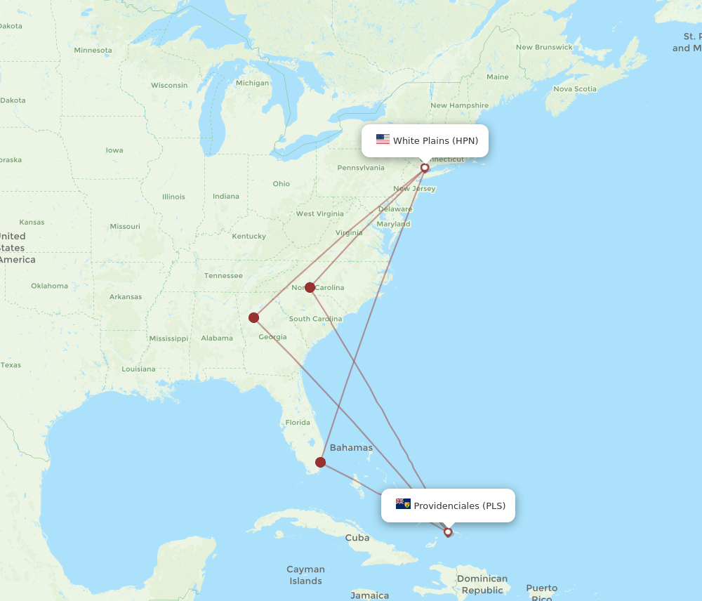 HPN to PLS flights and routes map