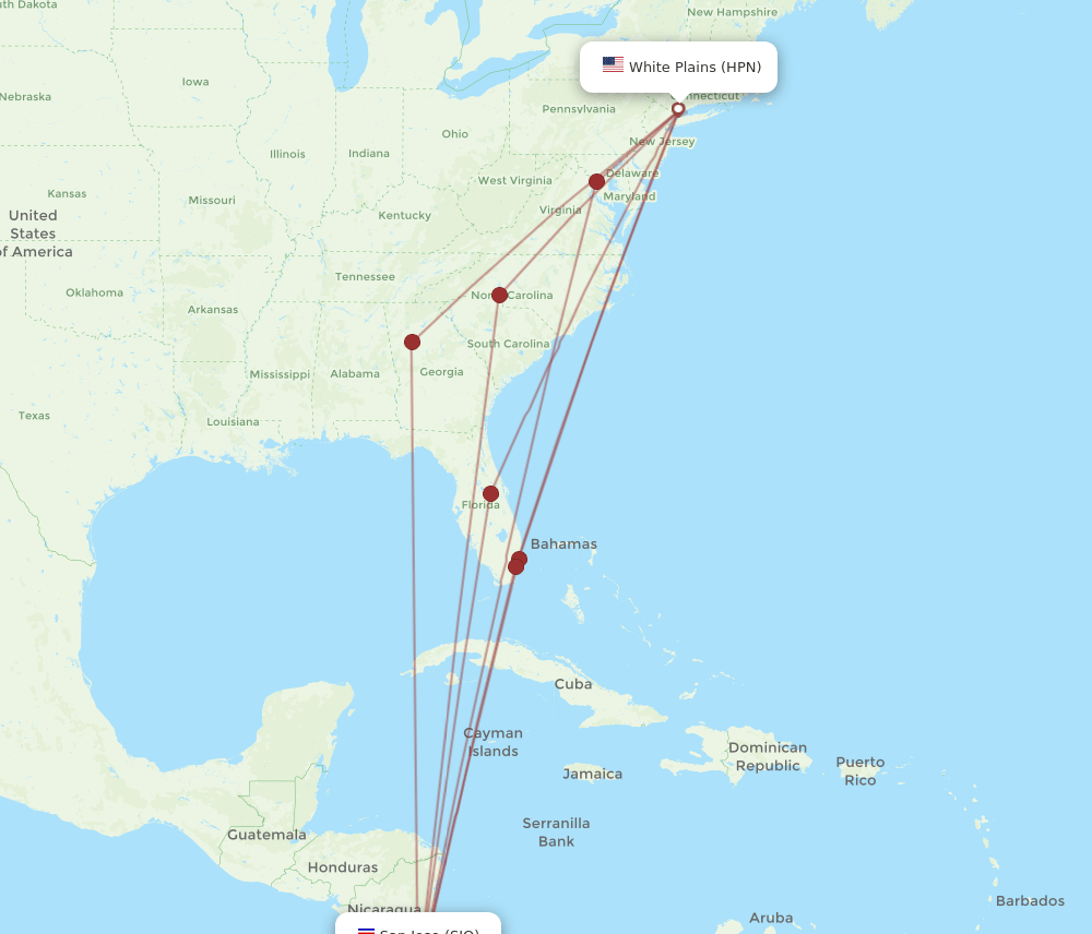 HPN to SJO flights and routes map