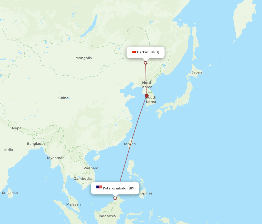 Kota Kinabalu - Harbin route map and flight paths