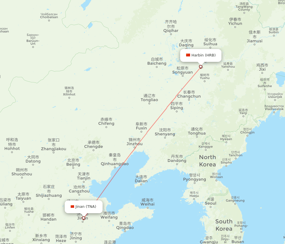 Harbin - Jinan route map and flight paths