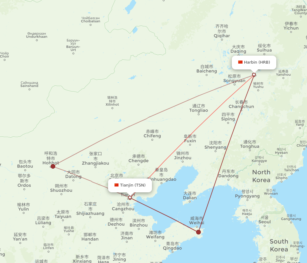 HRB to TSN flights and routes map
