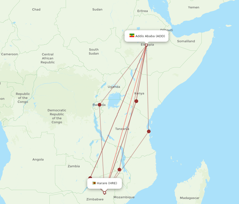 HRE to ADD flights and routes map