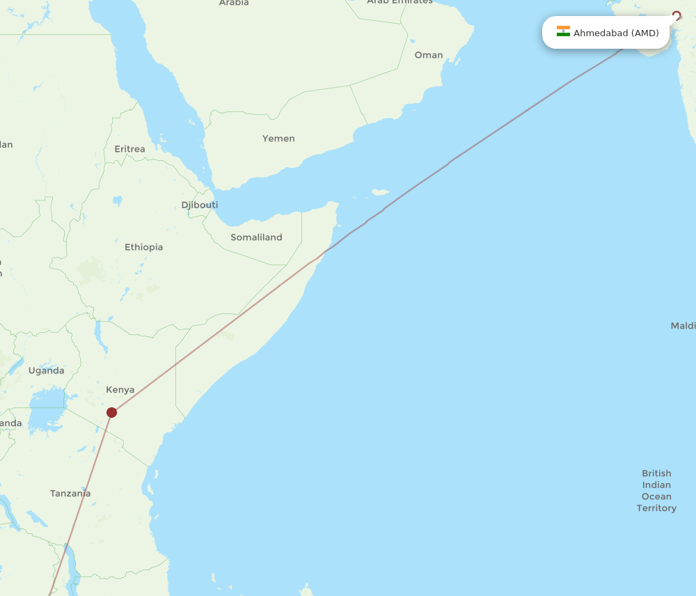 Harare - Ahmedabad route map and flight paths