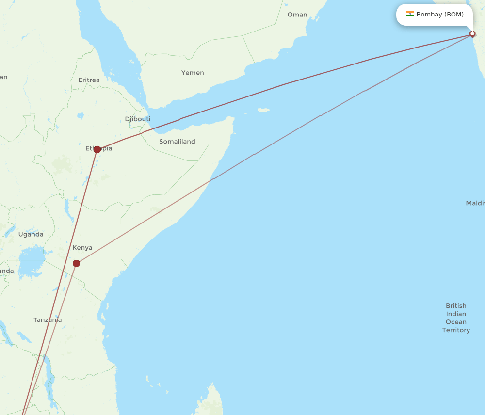 HRE-BOM flight routes