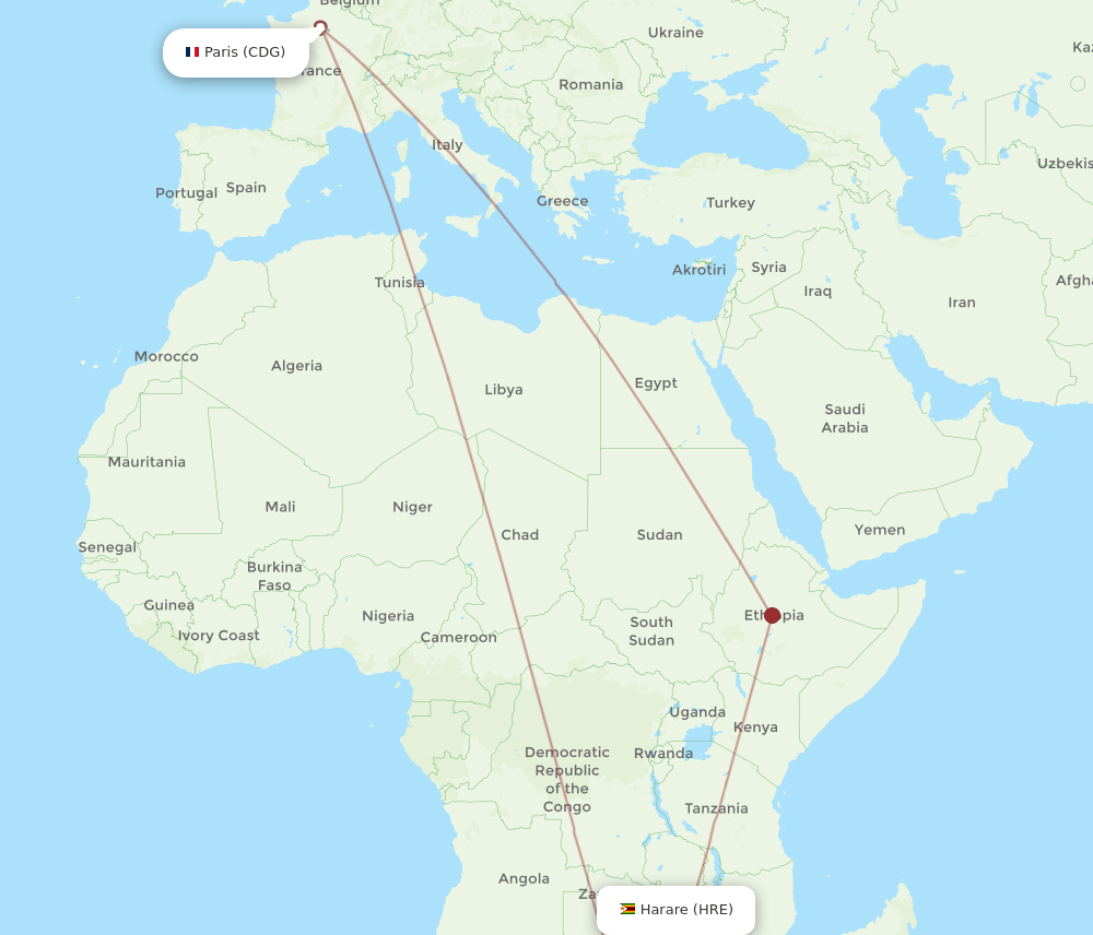 HRE-CDG flight routes