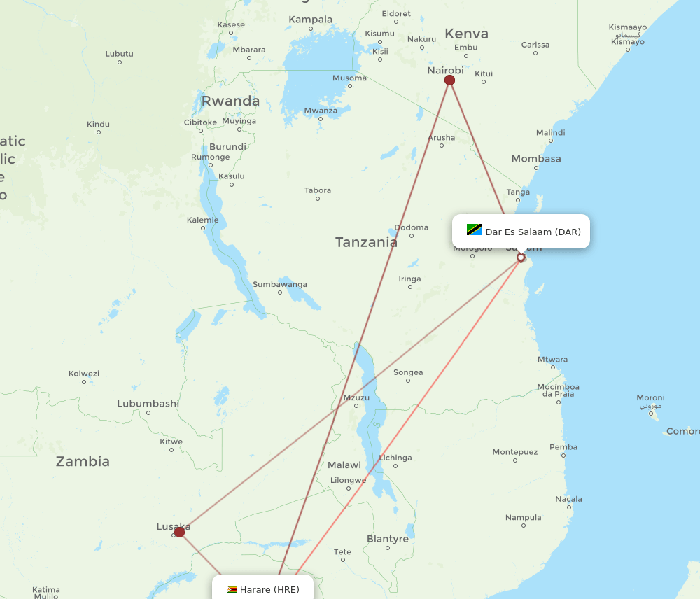 HRE to DAR flights and routes map