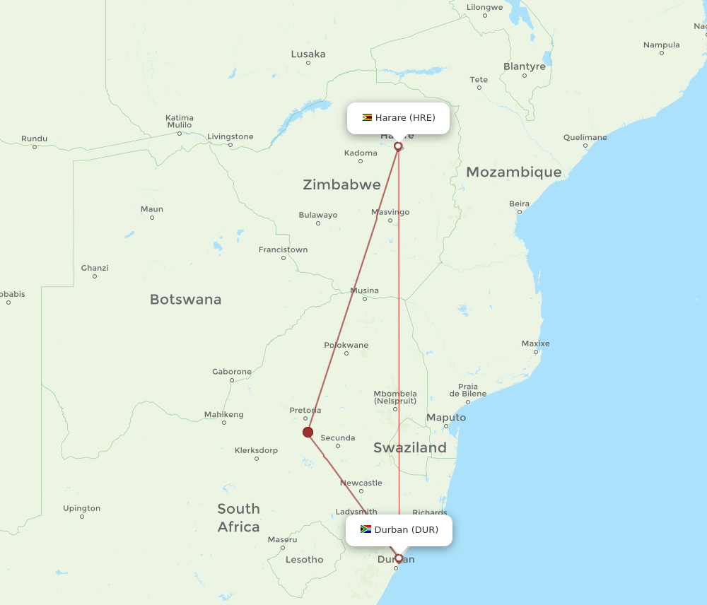 HRE to DUR flights and routes map