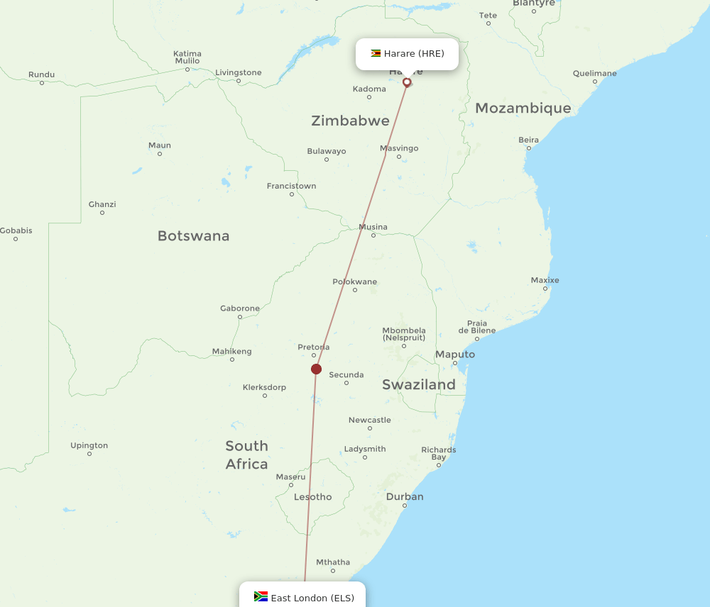 HRE to ELS flights and routes map