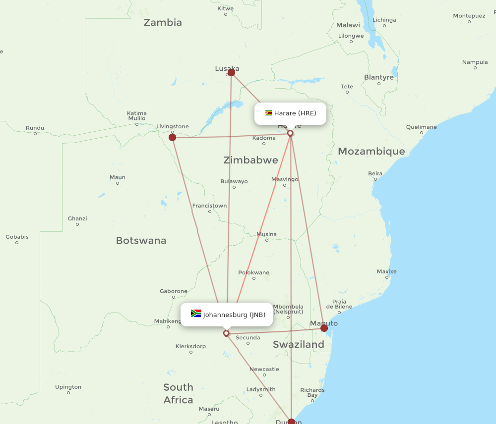 HRE to JNB flights and routes map