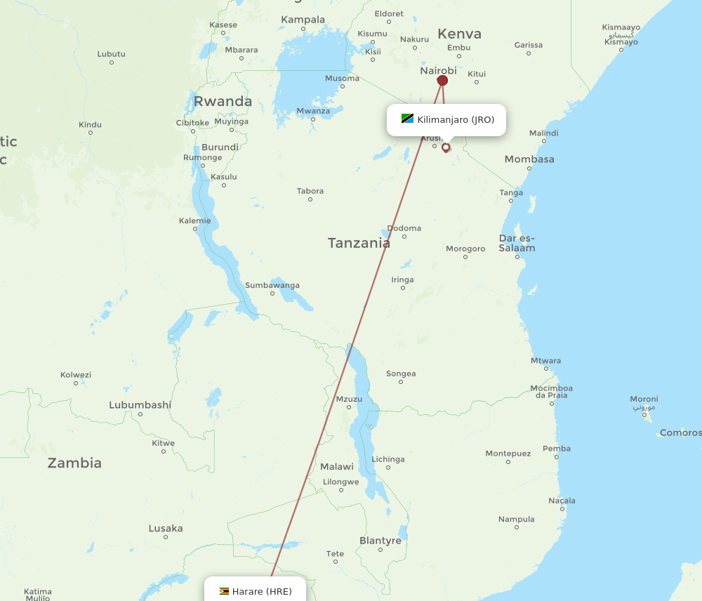 HRE-JRO flight routes