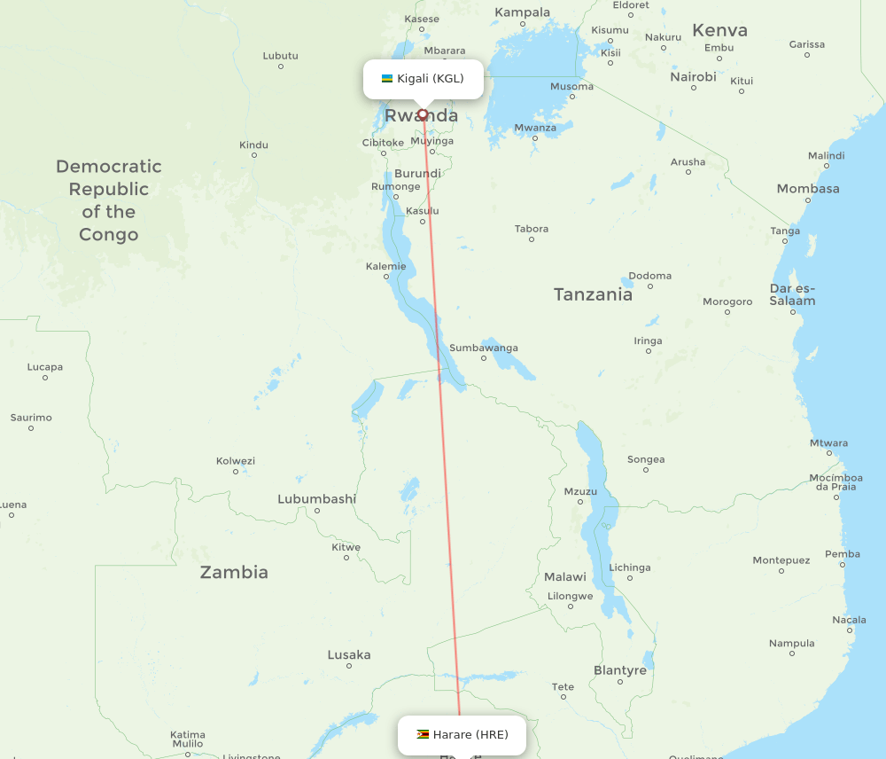 KGL to HRE flights and routes map