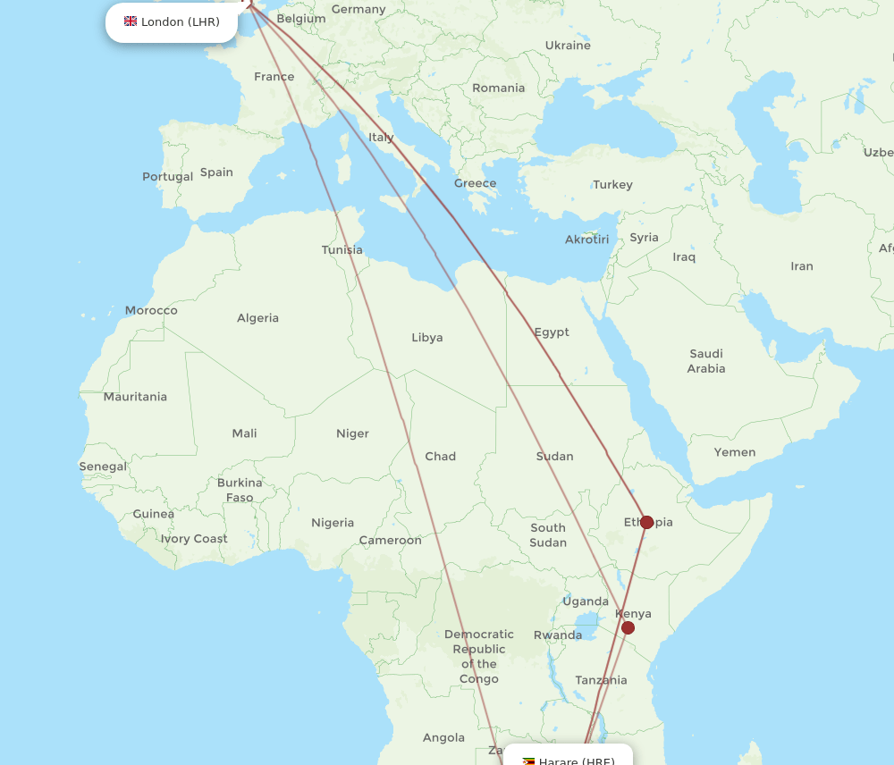 HRE-LHR flight routes