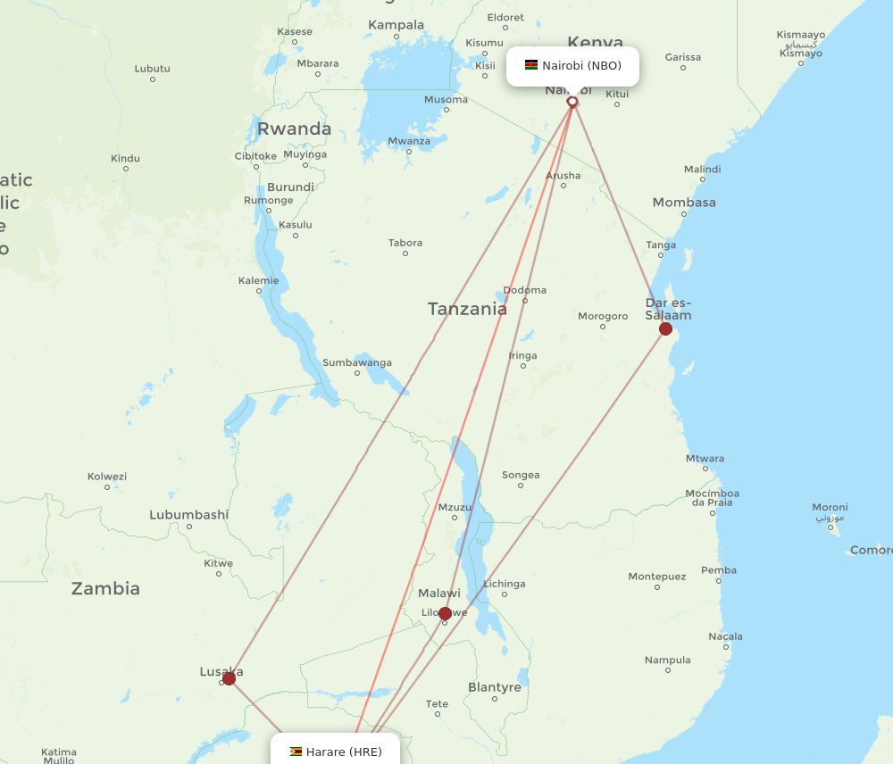 HRE to NBO flights and routes map