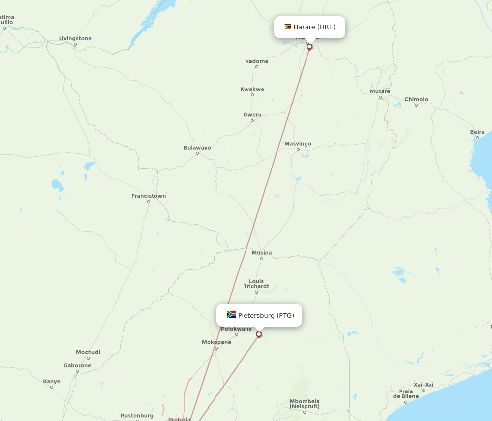 HRE to PTG flights and routes map