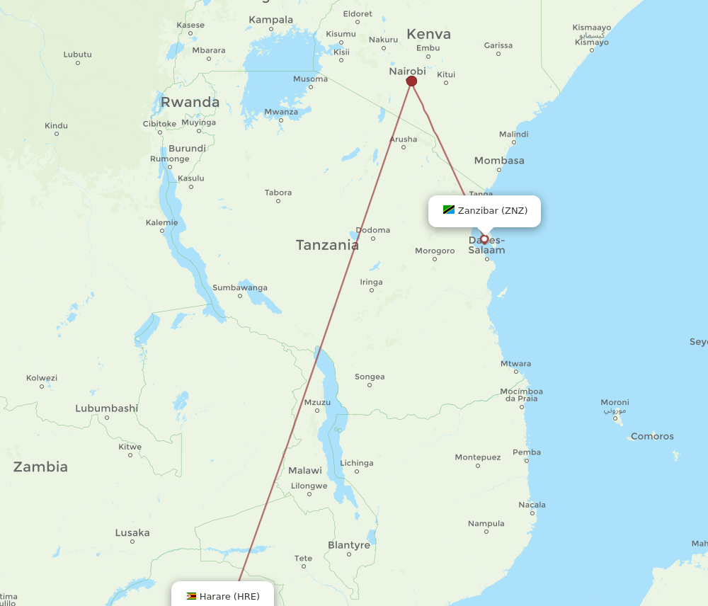 ZNZ to HRE flights and routes map