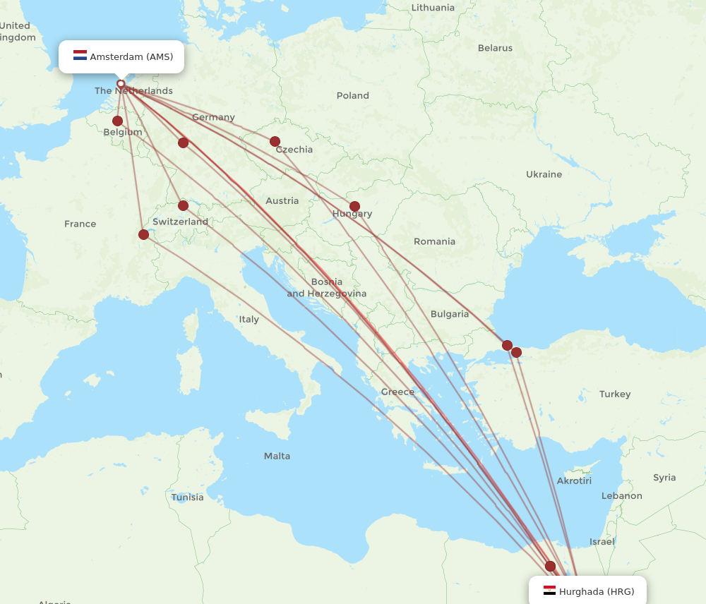HRG to AMS flights and routes map