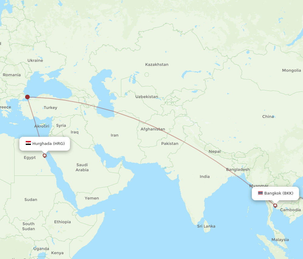 Bangkok - Hurghada route map and flight paths