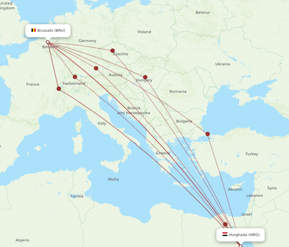 HRG to BRU flights and routes map